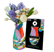 Collapsible plastic fase with Frank Lloyd Wright March Balloons design in red, blue, and green. Shown next to black packaging with flowers inserted.