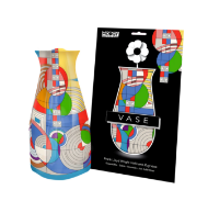 Multi-color, collapsible plastic vase with Frank Lloyd Wright "Hoffman Rug" design. Shown next to black packaging.
