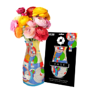 Collapsible plastic vase with Frank Lloyd Wright "Hoffman Rug" design. Shown with flowers inserted.