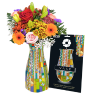 Multicolor, collapsible plastic fase with Frank Lloy Wright's "Saguaro Forms" design. Shown with flowers inserted in vase. next to black packaging.