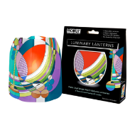 One expandable/collapsible LED luminary with colorful "March Balloons" design by Frank Lloyd Wright. Pictured next to black packaging. 