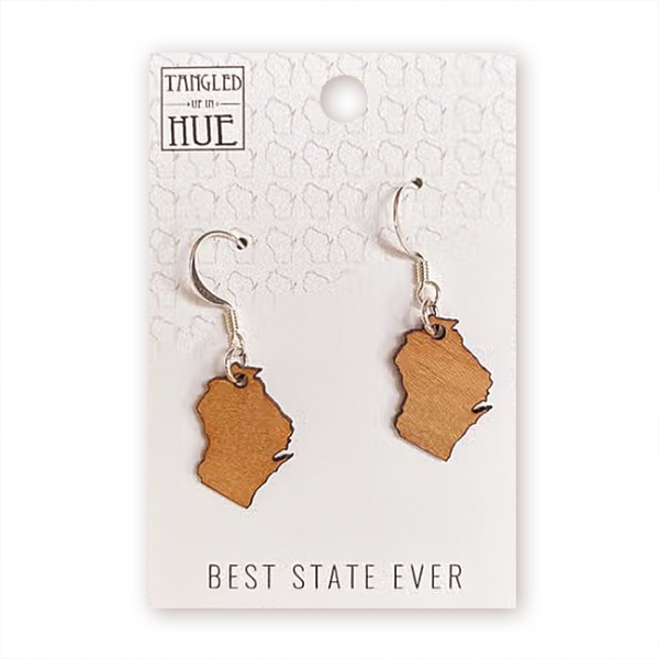 Two small wooden Wisconsin cutout earrings with silver shepherd hooks. 