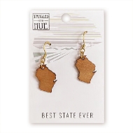 Two small wooden Wisconsin cutout earrings with gold colored shepherd hooks. 