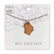 Wisconsin state shape charm pendant mounted on card. Silver tone chain. 