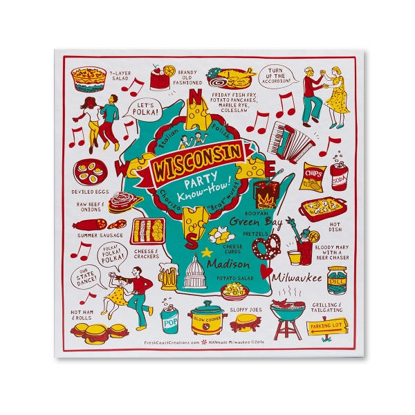 Box cover of "Wisconsin Party Know How" puzzle with images of products and culture of the state (cheese, polka, slow cooker, bratwurst, etc.) 