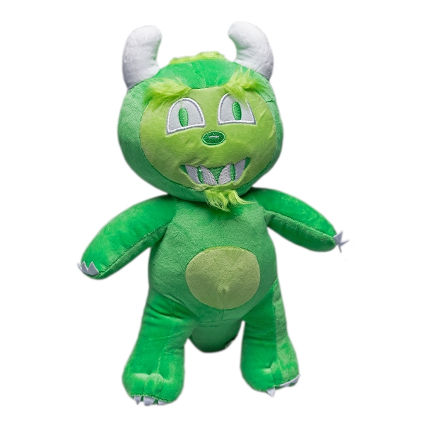Plush green stuffed hodag toy called "Happy the Hodag." Fuzzy green figure with large eyes and two white horns.