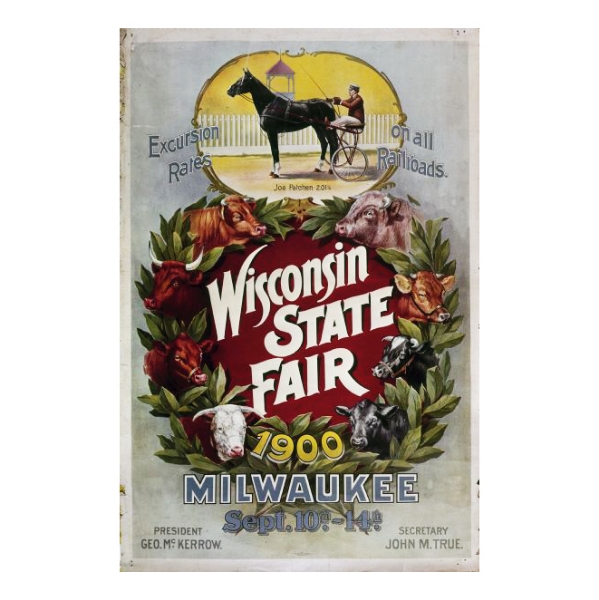 Wisconsin State Fair poster dated 1900 featuring color illustrations of a horse and different types of cattle. 