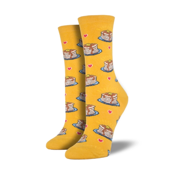 Two yellow socks featuring illustrations of plated stacks of pancakes. 