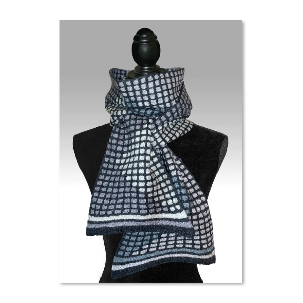 City Lights scarf by K. Gereau Textiles. with gray and black grid design.