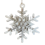 Silver snowflake holiday tree ornament. Carved from natural gourd and painted silver.