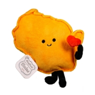 Yellow, soft plush toy in the shape of Wisconsin. Two little black legs and eyes. A short black arm holds a red heart.