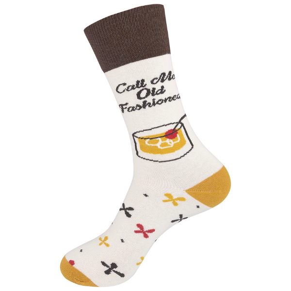 Beige sock featuring image of a Brandy cocktail with cherry and words that say "Call me old fashioned. Brown cuff on top.