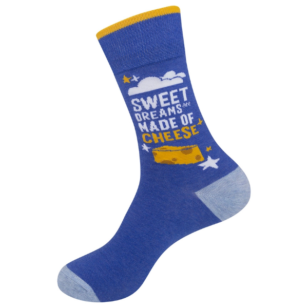 Blue sock with words on the side that say "Sweet dreams are made of cheese." Image of yellow cheese wedge under the words.