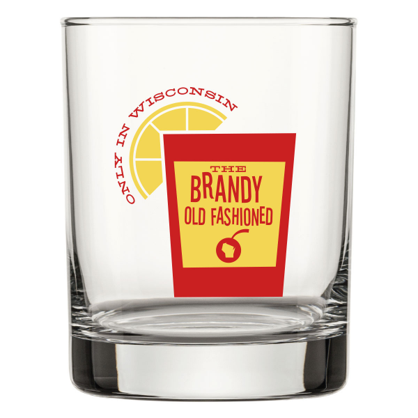 Clear glass tumbler with red and yellow "Brandy Old Fashioned" graphic on side.
