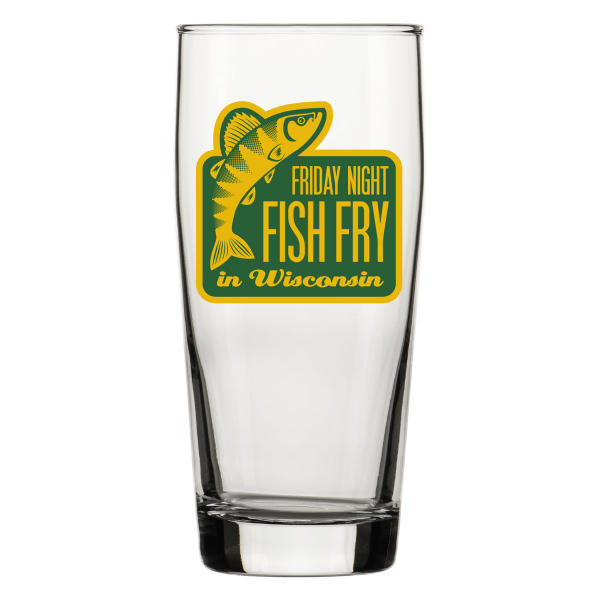 Clear glass pilsner glass with green and yellow "Friday Night Fish Fry" graphic on side. 
