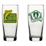 Side by side image of front and reverse sides of glass pilsner glass with green and yellow "Friday Night Fish Fry" graphic on one side and Wisconsin Historical Society "W" logo on other side. 
