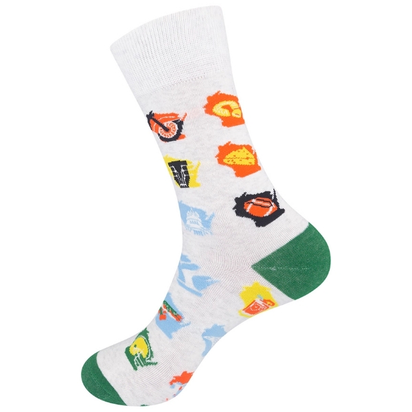 "Wisconsin Months" sock featuring multicolor images cultural icons of the state, including cheese, football, fish, cross country skiing, etc. White sock. Green toe and heel cap.