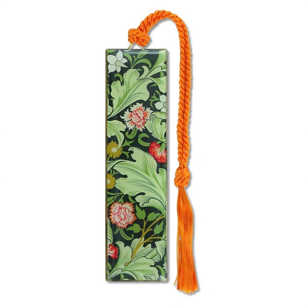 Rectangular bookmark with green and red floral design and decorative red string. 