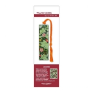 Rectangular bookmark with green and red floral design and decorative red string. Shown mounted on display card.