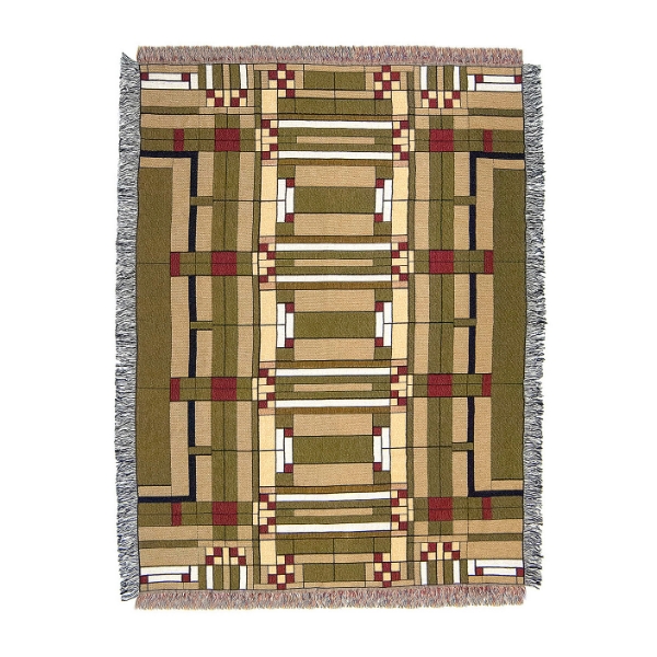 Throw blanket with geometric "Oak Park" design by Frank Lloyd Wright. Tan, olive, red, white, black. 
