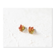 Two stud earrings in the shape of maple leaves, red and green tones.
