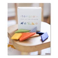 Tangram block mini set with multicolor felt blocks displayed in front of product box.