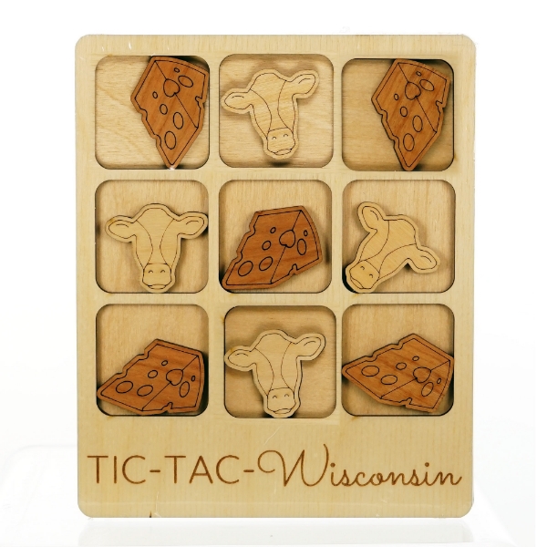 	Wooden tic-tac-toe board with wooden game pieces in the shapes of cow faces and cheese wedges. On the bottom of the board, the words "Tic-Tac-Wisconsin" are etched into the board.