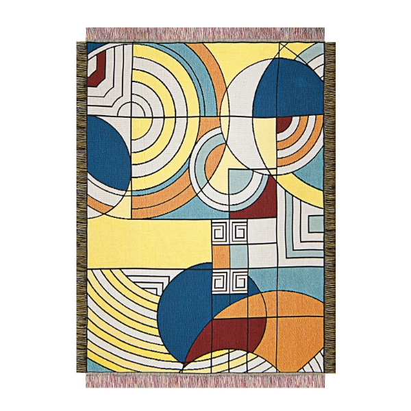 Hoffman Rug throw blanket with multicolor, geometric design by Frank Lloyd Wright. 