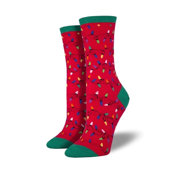 Two red socks with Christmas lights design. Green toe, heal, and cuff. 