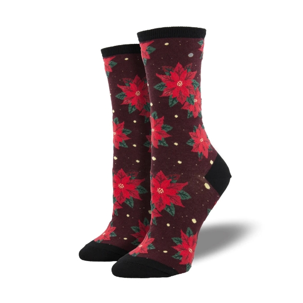 Two dark red socks with red poinsettia flower design. Black toe, heel, and cuff.