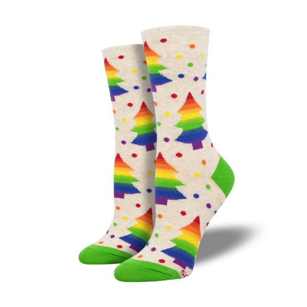 Two "Holiday Pride" socks with rainbow stripe Christmas trees and mulitcolor polka dots. Green toe and heel.