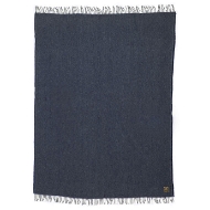 Navy wool Ashby throw from Faribault Mills shown flat with fringe on opposite edges. 