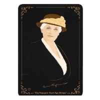 Reproduction of painted portrait of Carrie Chapman. Black background.