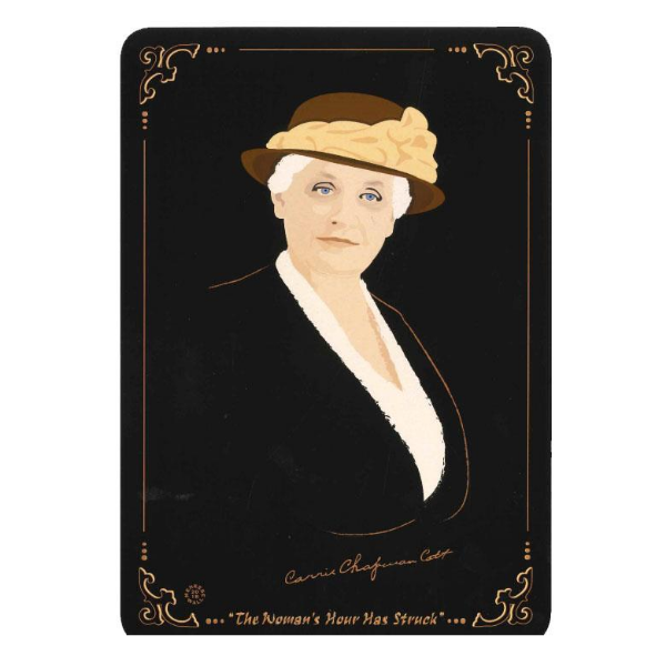 Reproduction of painted portrait of Carrie Chapman. Black background.