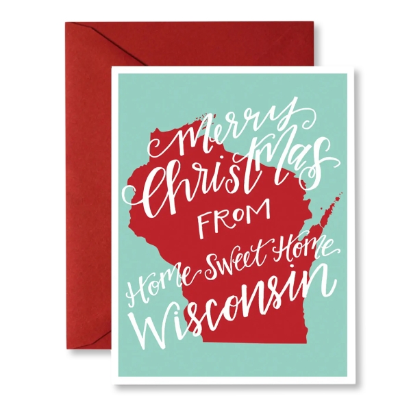 Christmas card with red silhouette of Wisconsin on light blue background. Red envelope.
