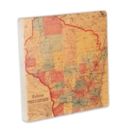 Square marble coaster with color image of historic map of Wisconsin printed on it. Photo taken from angle to reveal 1/4" depth of coaster. 