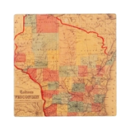 Square marble coaster with color image of historic 1861 map of Wisconsin printed on it.