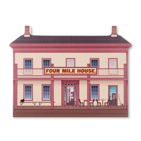 Product photo of miniature wood cutout of Old World Wisconsin's Four Mile House, a restored historic stagecoach inn dating to 1853.