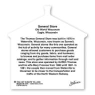 Back side of a miniature cutout of Old World Wisconsin's General Store dating to 1876. Short history of the store in black font on white background.