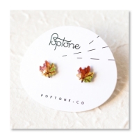 Two stud earrings in the shape of maple leaves, red and green tones. Mounted on white display card