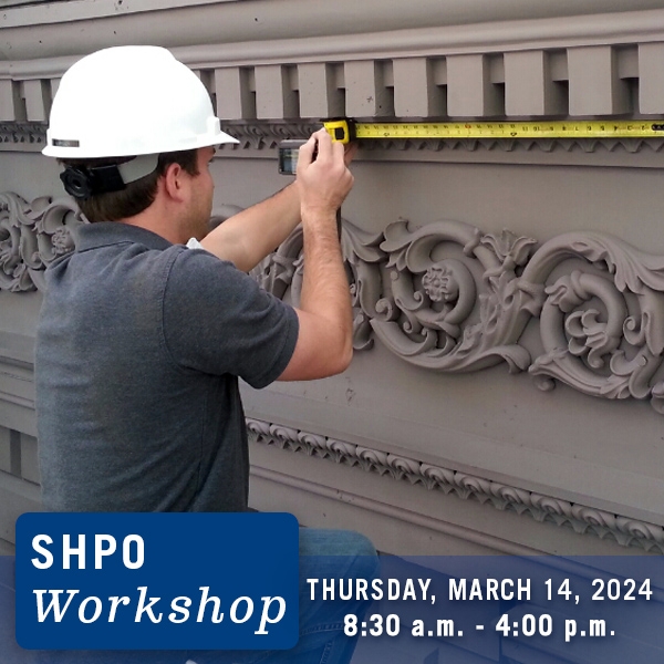Man with white hardhat measures historic wall section with tape measure. Text promotes a 2024 tax credt workshop. 