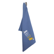 Blue tea towel, shown hanging, with screen print design that reads "Sweet dreams are made of cheese" over yellow cheese wedge.