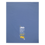 Blue tea towel with screen print design that reads "Sweet dreams are made of cheese" over yellow cheese wedge.