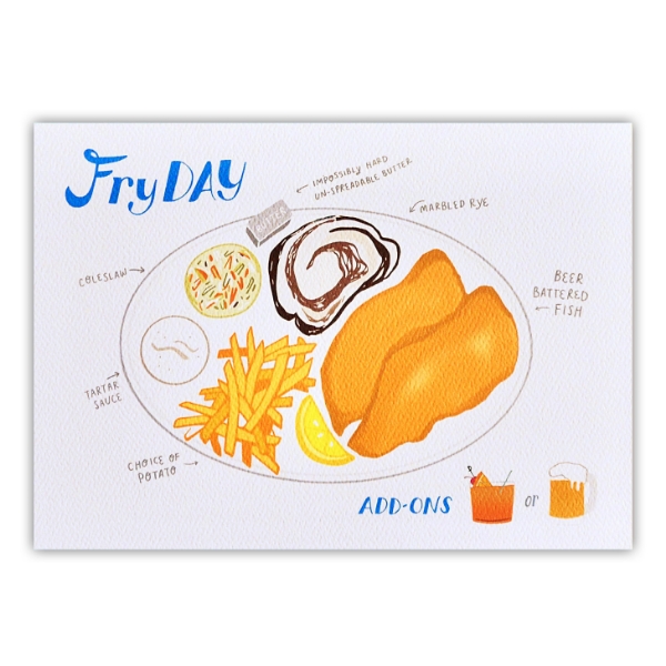 Note card with illustration of fish fry components, fried fish, french fries, rye bread, and choice of cocktail.