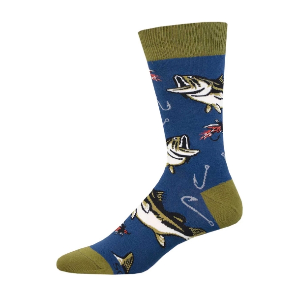 Blue sock with repeated image of swimming bass and fish hook. Sage green toe, heel, and cuff.