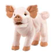 Fuzzy pink piglet hand puppet with happy face and perky ears. 