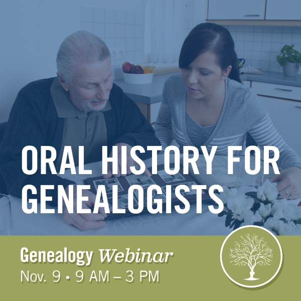 Event tile promoting genealogy webinar. In the background, a man and a woman look at a photo album. Bold white text overlay reads "Oral History for Genealogists."