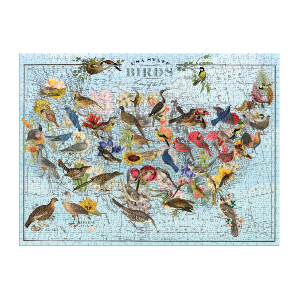 Puzzle, assembled, featuring colorful illustrations of state birds of the U.S.A positioned over map of the U.S.A.