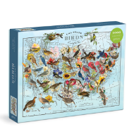 Box for puzzle featuring colorful illustrations of state birds of the U.S.A positioned over map of the U.S.A.