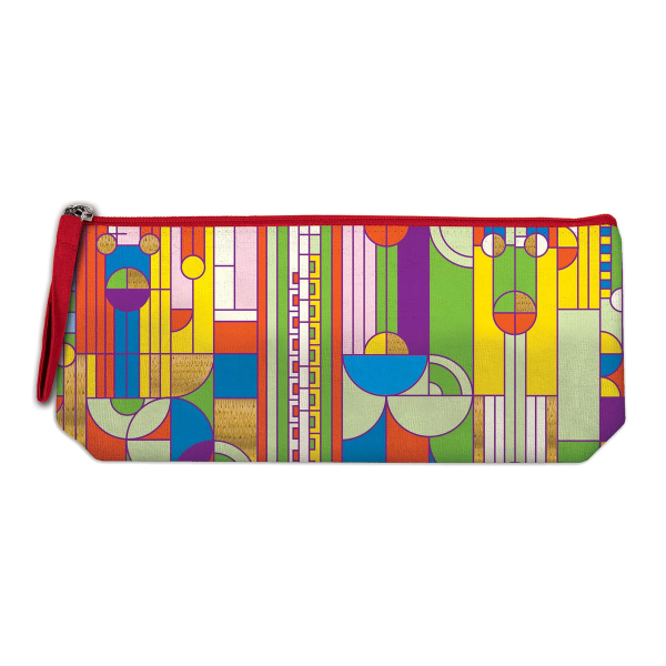 Zip pouch pencil carry case with coloful, geometric "Saguaro Form" design by Frank Lloyd Wright.
